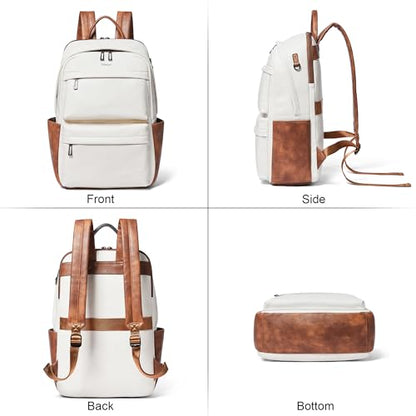 Vegan Leather Backpack for Women and Men, Fits 16.0 Inch Laptop, Multi-Pocket Design with Water Bottle and Luggage Strap, Ideal for Work, Travel, and Daily Use, Beige - color: 3-1 Beige