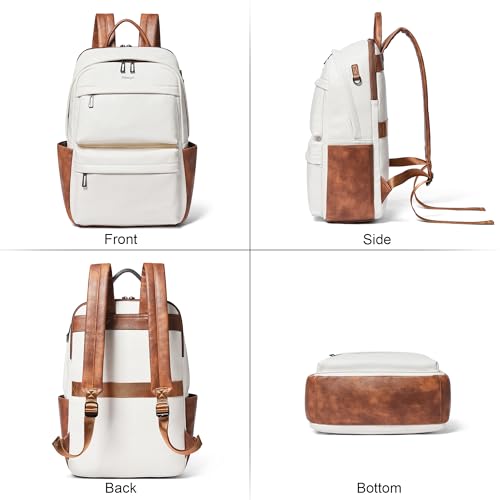 Vegan Leather Backpack for Women and Men, Fits 16.0 Inch Laptop, Multi-Pocket Design with Water Bottle and Luggage Strap, Ideal for Work, Travel, and Daily Use, Beige - color: 3-1 Beige