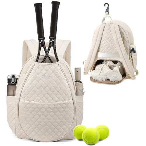 Sucipi Tennis Bags for Women, Quilted Tennis Racket Bag Backpack for Tennis Racquet, Pickleball Paddles, Badminton - color: Beige, size: Large with Shoe Compartment