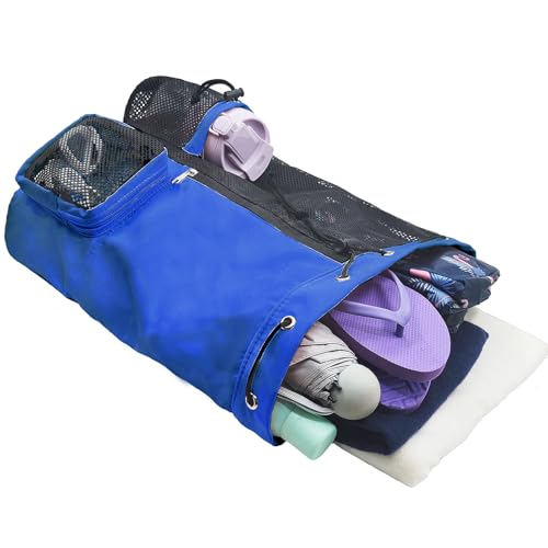 Mesh Beach Backpack with Wet Pocket Drawstring Pool Bag Waterproof Swimming Bag Gym Backpack for Men & Women - color: Royal Blue