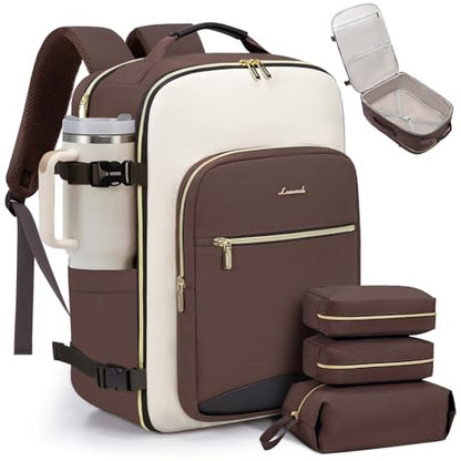 LOVEVOOK 40L Travel Backpack for Women & Men, Airline Approved Carry On Luggage with 3 Packing Cubes, TSA Overnight Bags, Waterproof Personal Item Bag, Weekender Essentials Backpacks fits 17" Laptop - color: Coffee-beige-black, size: Large
