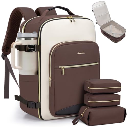 LOVEVOOK 40L Travel Backpack for Women & Men, Airline Approved Carry On Luggage with 3 Packing Cubes, TSA Overnight Bags, Waterproof Personal Item Bag, Weekender Essentials Backpacks fits 17" Laptop - color: Coffee-beige-black, size: Large