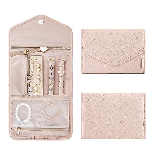 BAGSMART Travel Jewelry Organizer Roll Foldable Jewelry Case for Journey-Rings, Necklaces, Bracelets, Earrings, Soft Pink - color: Soft Pink, size: Medium