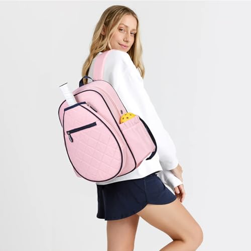 KAVIGOR Pickleball Bag, Quilted Pickleball Backpack with Shoe Compartment & Waterproof Pocket, Pickle Ball Paddle Bag Fits 2 to 4 Paddles for Women and Men - color: Pink
