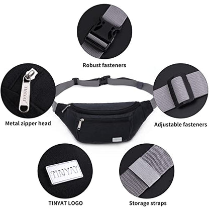 TINYAT Large Fanny Pack Travel Waist Bag Lightweight for Men&Women with Adjustable Strap T206 Black - color: Black