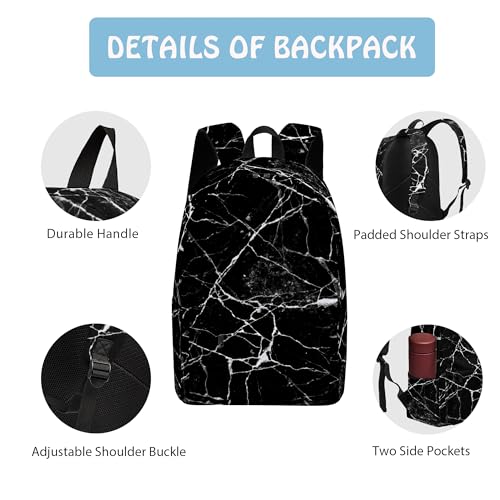 3PCS Marble Backpack Set for Teens Elementary Middle High School, 17 Inch Lightweight Classic Backpack 3 in 1 Set for Girls Boys, Kids Back to School Backpack with Lunch Box Pencil Case - color: Black Marble