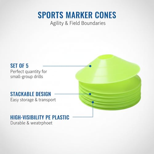 Sports Marker Cones Set of 5, Stackable PE Plastic Training Markers for Agility Drills and Field Boundaries (Set of 5)