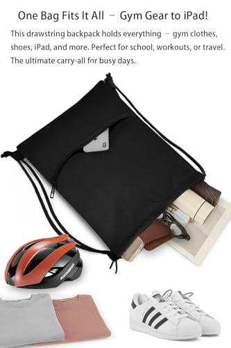 Water-Resistant String Bag for Women Men with Shoes Compartment and Zippered Pocket for Soccer, Basketball, Swim (Black, 16.5 * 19 inches) - color: Black