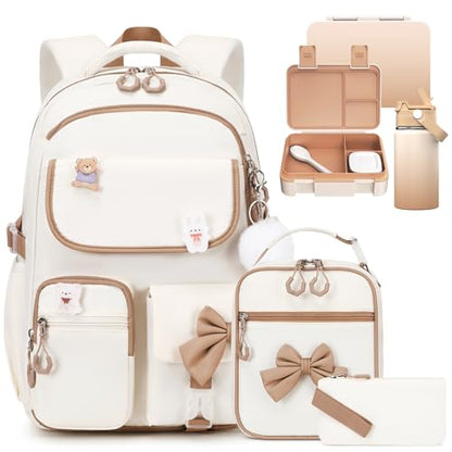ACESAK 5PCS Backpack for Girls with Bento Box & 14oz Insulated Water Bottle - Cute School Girls Backpacks for Elementary Preschool Middle with Lunch Bag & Pencial Case, Back To School (Beige khaki) - color: Khaki
