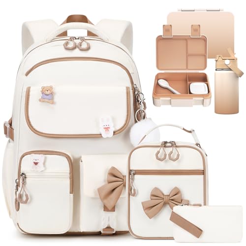 ACESAK 5PCS Backpack for Girls with Bento Box & 14oz Insulated Water Bottle - Cute School Girls Backpacks for Elementary Preschool Middle with Lunch Bag & Pencial Case, Back To School (Beige khaki) - color: Khaki