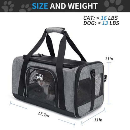 Wakytu Pet Carrier for Small Cats Dogs, Dog Carrier Travel Bag with Adequate Ventilation, 5 Mesh Windows, 3 Entrance, Locking Safety Zippers, Padded Shoulder and Carrying Strap, Medium - color: 1.0 Grey, size: 17.7"L x 11.0"W x 11.0"H