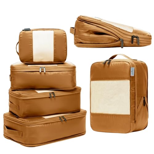 6-Pack Large Compression Packing Cubes for Travel - Lightweight Compression Packing Cube Set, Water-Resistant Luggage Organizer Bags & Suitcase Organizers, Travel Cubes for Carry-On, Checked Luggage - color: Caramel, size: 6 Pack