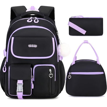 DIGOBAY Backpacks for Girls, 3PCS School Backpack with Lunch Box Pencil Pouch for Teen Girls Children Elementary Primary Middle High College Daypack School bag Bookbag Set（Black-Purple） - color: Black-purple