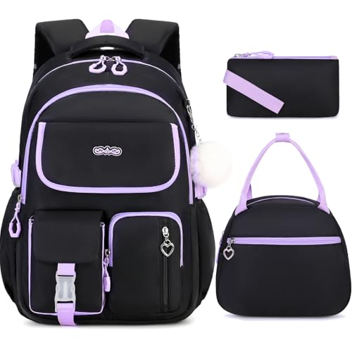 DIGOBAY Backpacks for Girls, 3PCS School Backpack with Lunch Box Pencil Pouch for Teen Girls Children Elementary Primary Middle High College Daypack School bag Bookbag Set（Black-Purple） - color: Black-purple