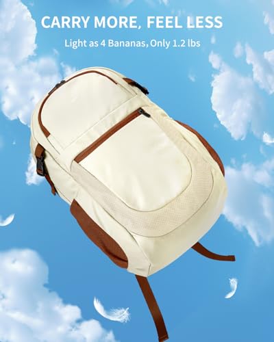 ECOHUB Travel Backpack for Women, 17.3 inch Suspended Laptop Backpack, Fashion Water-Resistant College Computer Bookbag, 28L Personal Item Bag with 12 Pockets for Causal, Work, Cream & Brown - color: Cream & Brown