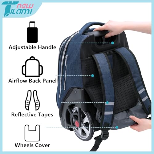 NEW TILAMI 19 inch Rolling Backpack Teens Rolling Backpack Cute Wheeled Laptop Backpack Bookbag Roller Travel Bag College, Navy Blue - color: Navy Blue