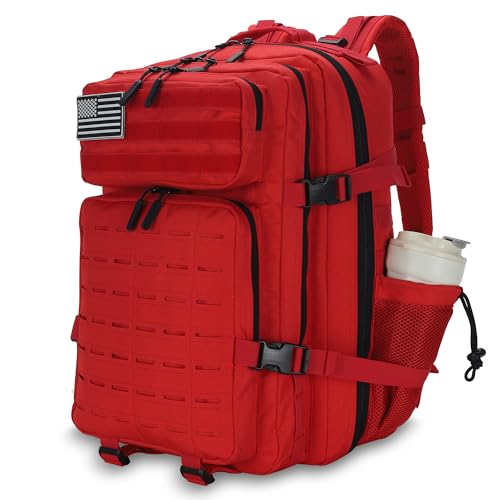 Sparklekle Military Tactical Backpack 45L 3 Day Assault Pack Waterproof Molle Hiking Rucksack for Men&Women (Red) - color: Red, size: 45L
