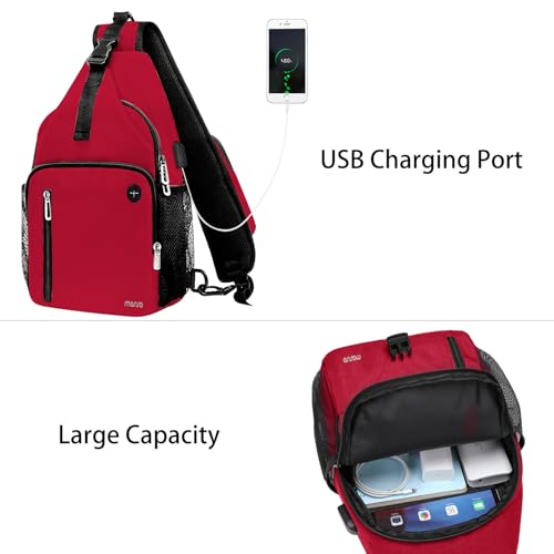 MOSISO Sling Backpack Bag, Crossbody Shoulder Bag Travel Hiking Daypack Chest Bag with Front Square Pocket&USB Charging Port - color: Red