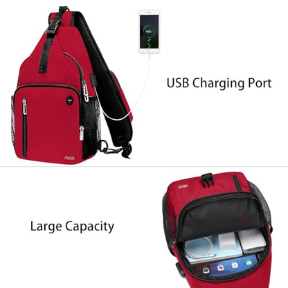 MOSISO Sling Backpack Bag, Crossbody Shoulder Bag Travel Hiking Daypack Chest Bag with Front Square Pocket&USB Charging Port - color: Red