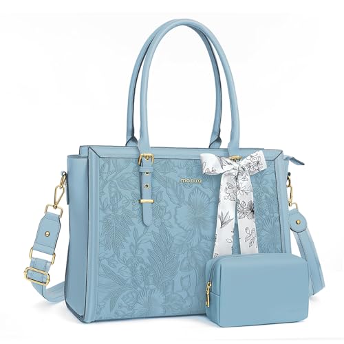 MOSISO Laptop Bag for Women, 17-17.3 inch PU Leather Tote Bag Compatible with MacBook, HP, Dell, Asus Notebook, Front Embossed Retro Hibiscus Computer Bags with Silk Scarf&Clutch Purse, Air Blue - color: Air Blue, size: 17.3 inch