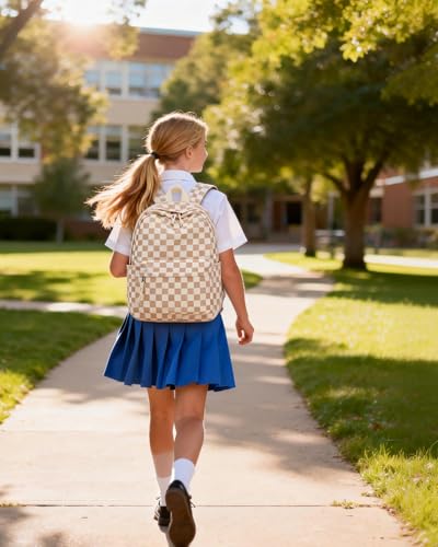 LOIDOU Girls Backpack for Kids Cute School Bookbag - color: Brown White Checker, size: L-17"