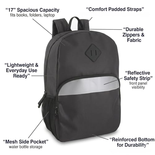 Trail maker 17" Backpack – Reflective School Backpack with Padded Straps, Water Bottle Pockets for Kids & Adults, School Travel Camp (Black) - color: Black