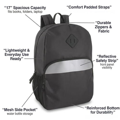 Trail maker 17" Backpack – Reflective School Backpack with Padded Straps, Water Bottle Pockets for Kids & Adults, School Travel Camp (Black) - color: Black
