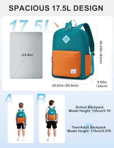 VASCHY Lightweight Backpack for School, Water Resistant Classic Bookbag with Side Pockets for Boys,Girls Kids,Teens Lake Green Tangerine - color: Lake Green & Tangerine