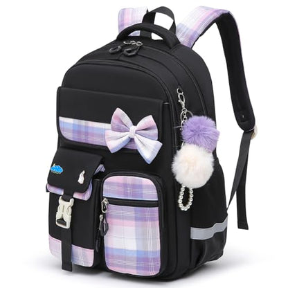 Alrisg Girls School Backpack Preppy Plaid Bookbag Lightweight Backpack for Girls Elementary Middle School Bow Black - color: Black, size: 17in