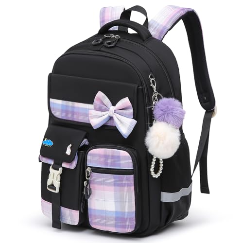 Alrisg Girls School Backpack Preppy Plaid Bookbag Lightweight Backpack for Girls Elementary Middle School Bow Black - color: Black, size: 17in