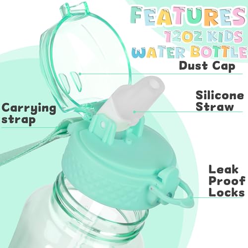 OLDLEY 12oz Kids Water Bottle, Tritan BPA-Free, Leakproof Flip Straw Lid, Motivational Time Marker, Carry Strap, Reusable Clear Water Bottle for Boys & Girls,Glow Green - color: Glow Green, style: 12 Ounces