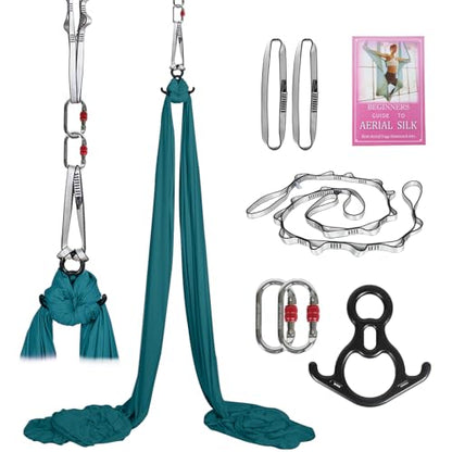 Aerial Silks Kit & Aerial Yoga Hammock - 11Yd Premium Fabric with Hardware - Easy Setup for Flying Yoga, Aerial Swing & Fitness - Supports Up to 14ft Rigging - color: Dark Green