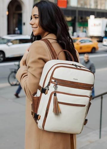 Shrrie Laptop Backpack for Women,Vegan Leather Backpack Work Computer Backpacks fits 16" Laptop,Water Resistant Teacher Nurse Casual Daypack for Weekender Camping Travel,Beige with Brown - color: Beige With Brown