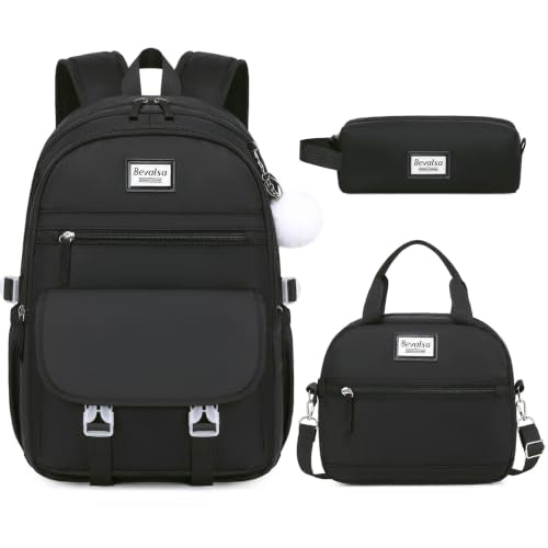 Bevalsa Backpack for Girls, 3PCS School Backpacks with Lunch Box - color: Black, size: 15.6 inch