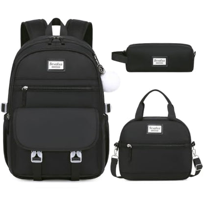 Bevalsa Backpack for Girls, 3PCS School Backpacks with Lunch Box - color: Black, size: 15.6 inch