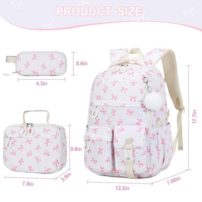DIGOBAY 3PCS Girls Backpack for School, Kids Backpack for Girls with Lunch Bag Pencil Case, Kids Bookbag Teen Girl Backpacks for Elementary Middle High College School (Beige Bow) - color: Beige Bow