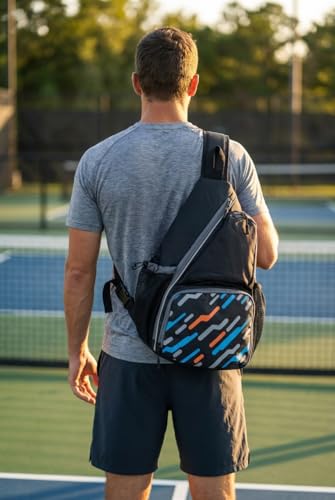 Pickleball Sling Bag with Shoe Compartment - Crossbody Backpack Fits 2 Paddles, 32oz Bottle & Fence Hook, Sports Bag for Men & Women (Shoe Limit: up to US Men's 10 / Women's 11.5) - color: Black/Grey