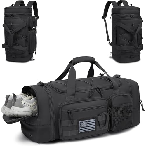 3 in 1 Tactical Travel Duffle Bag Backpack for Men Women 40-45L Expandable Gym Bag & Sport Duffel Bags for Travel with Shoe Compartment & Wet Pocket, Weekend Overnight bag for Caming, Black - color: Black