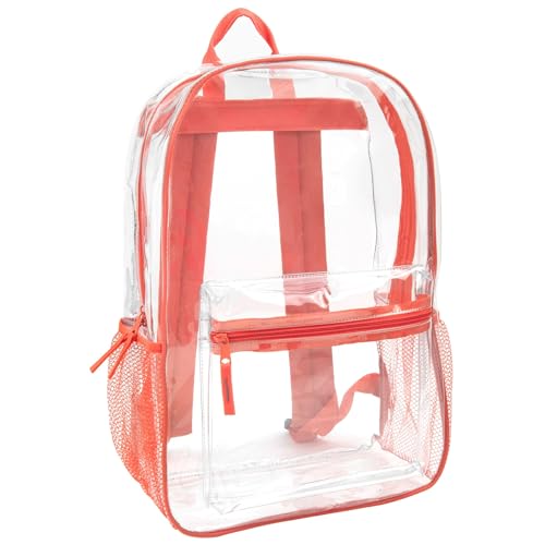 Trail maker Clear Backpack Heavy Duty with Padded Straps, Side Pockets for Kids, Boys, Girls, School, Stadium Approved Events - color: Coral