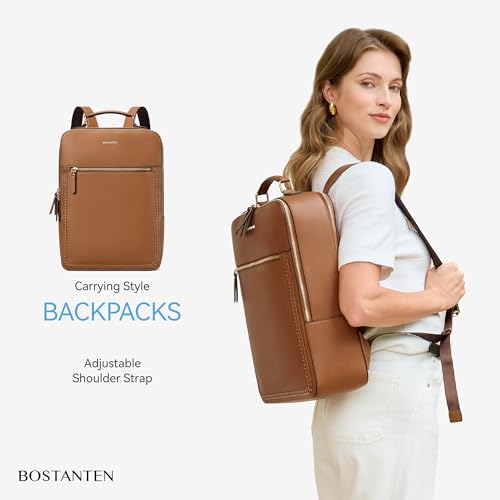 BOSTANTEN Leather Backpack 15.6 inch Laptop Bag Travel Casual Computer Backpack College Business Work Shoulder Bags with Trolley Sleeve for Women Men Brown - color: Brown