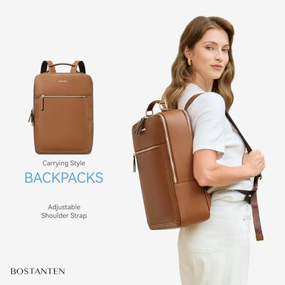BOSTANTEN Leather Backpack 15.6 inch Laptop Bag Travel Casual Computer Backpack College Business Work Shoulder Bags with Trolley Sleeve for Women Men Brown - color: Brown