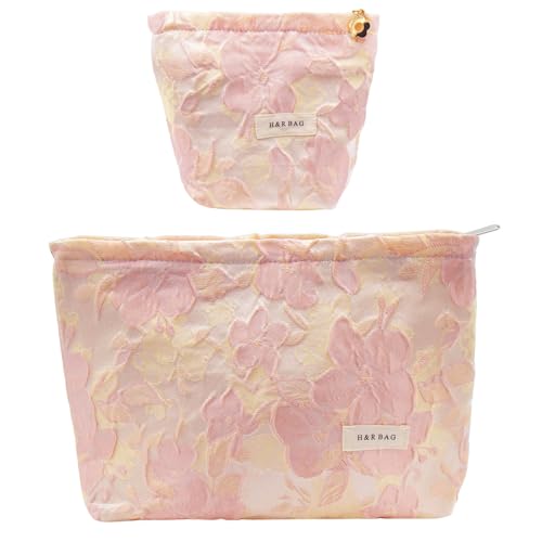 getgto 2 Pcs Makeup Bags, Large Cosmetic Bag Travel Toiletry Bag Organizer for Women, Embroidery Craft, Floral Makeup Bag Small Cosmetic Pouch Purse with Zipper Gifts for Girls Teen - color: Pink