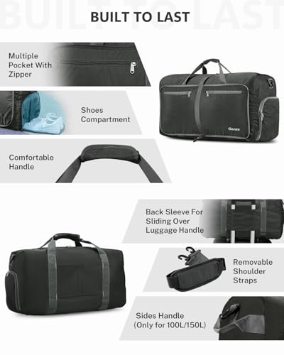 Gonex Large Foldable Travel Duffle Bag with Shoes Compartment, Packable Lightweight Water Repellent Duffel Bag for Camping Gym Weekender Bag - color: Gray, size: 40L