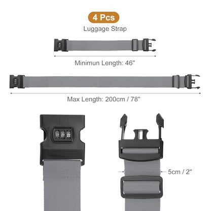 MECCANIXITY Luggage Straps with Combination Lock Adjustable Suitcase Belt Strap for Suitcase Briefcase Backpack Travel, Gray, Pack of 4 - color: Gray