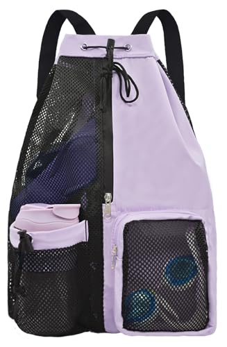 Mesh Beach Backpack with Wet Pocket Drawstring Pool Bag Waterproof Swimming Bag Gym Backpack for Men & Women - color: Purple