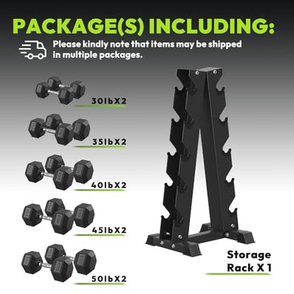 HANDBODE Rubber Coated Hex Dumbbell Set with A-Frame Rack, 100 lb - 600 lb Multiple Options Weight, Hexagon Non-Rolling Shape, Ergonomic Knurled Handle, Home Gym Equipment for Strength Training - style: 400 lb (30, 35, 40, 45, 50 lb) X 2 & Rack