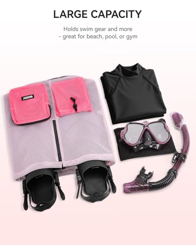 WANDF Swim Bag for Swimmers, Mesh Beach Backpack - color: Light Pink With 2 Front Pockets, size: Large