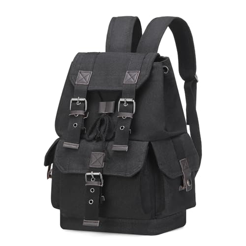 Vintage Canvas Backpack for Men Women, Durable Casual Daypack, Large Capacity Travel Rucksack Fits for Hiking and Daily Use (Black) - color: Black