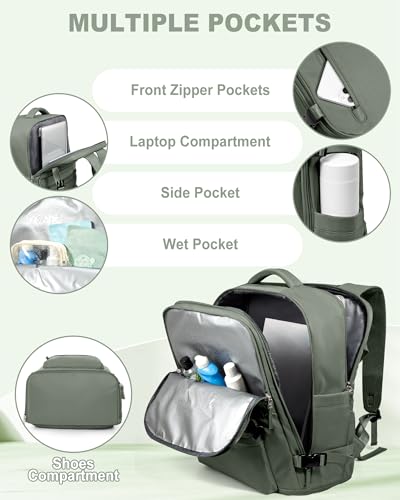 VECAVE 18x14x8 TSA-Approved Personal Item Backpack – Under Seat Carry-On Travel Bag for Women, Fits 15.6" Laptop, with Water Bottle & Shoe Pouch, Airline Travel Backpack Flight approved Green - color: H6-green, size: Large