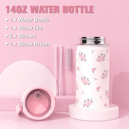 Bevalsa Backpack for Girls, School Bookbag Teen Girls Backpack Set with 14oz Insulated Water Bottle Stainless Steel, Lunch Bag & Pencial Case for Kids Elementary Middle Student (Pink Floral) - color: Pink Flower